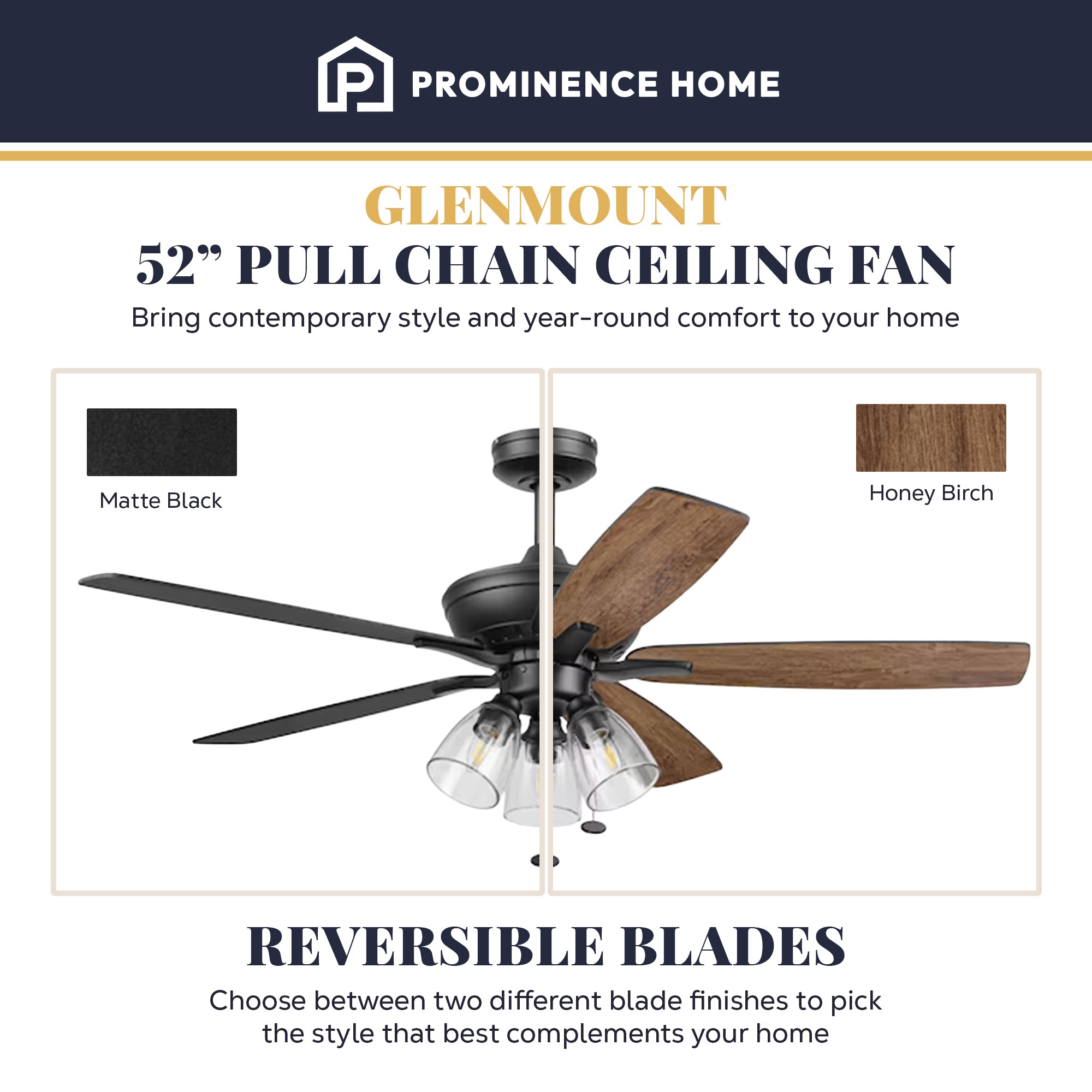 Prominence Home Glenmont 52" Indoor LED Ceiling Fan with Pull Chain, Matte Black - VMInnovations