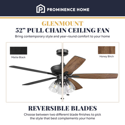 Prominence Home Glenmont 52" Indoor LED Ceiling Fan with Pull Chain, Matte Black - VMInnovations