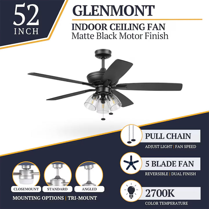 Prominence Home Glenmont 52" Indoor LED Ceiling Fan with Pull Chain, Matte Black