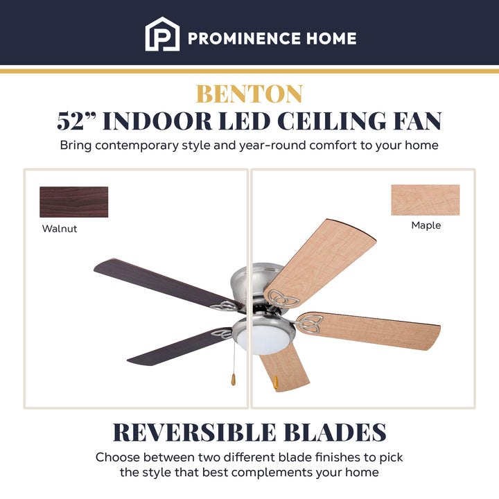 Prominence Home Benton 52" Indoor LED Ceiling Fan w/ Pull Chain, Brushed Nickel - VMInnovations