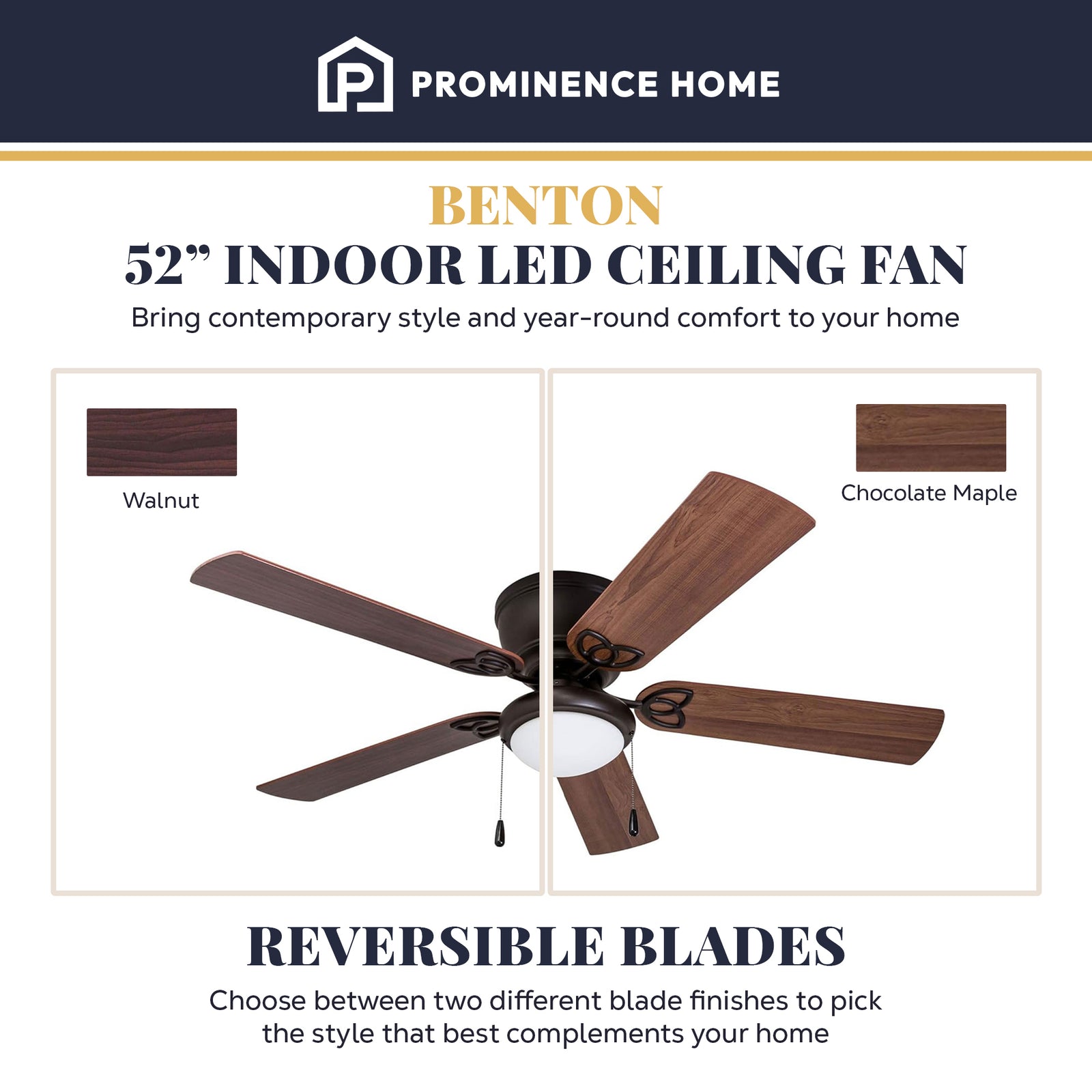Prominence Home Benton 52 Inch Indoor LED Ceiling Fan with Pull Chain, Bronze - VMInnovations