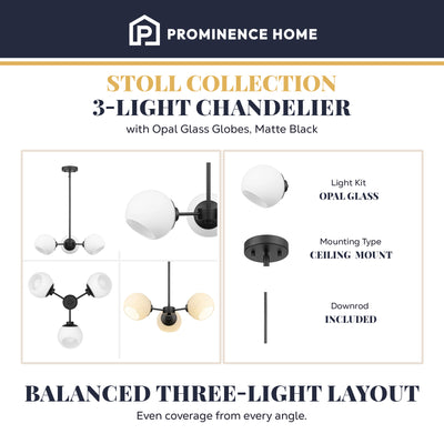 Prominence Home Stoll 3-Light Chandelier with Opal Glass Globes, Matte Black