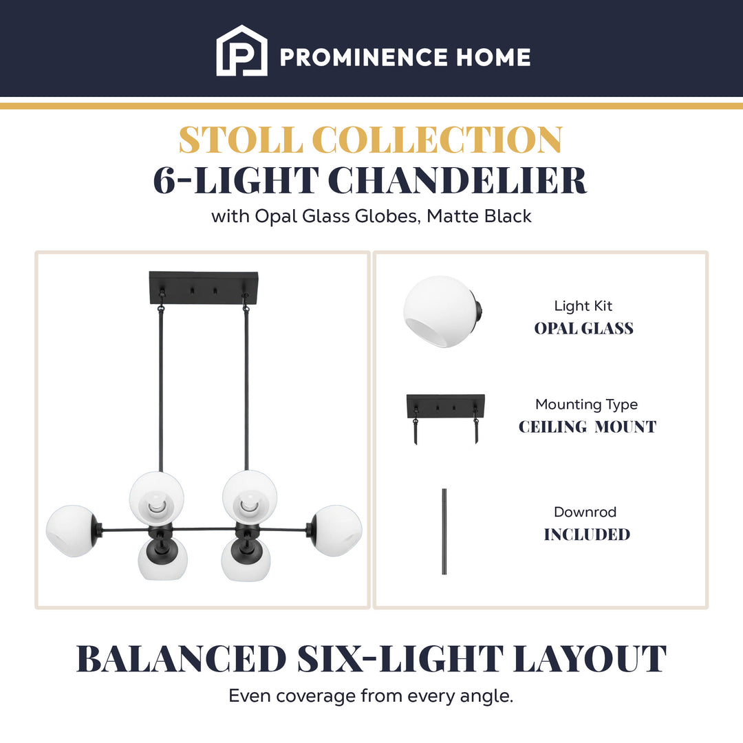 Prominence Home Stoll 6-Light Chandelier with Opal Glass Globes, Matte Black - VMInnovations