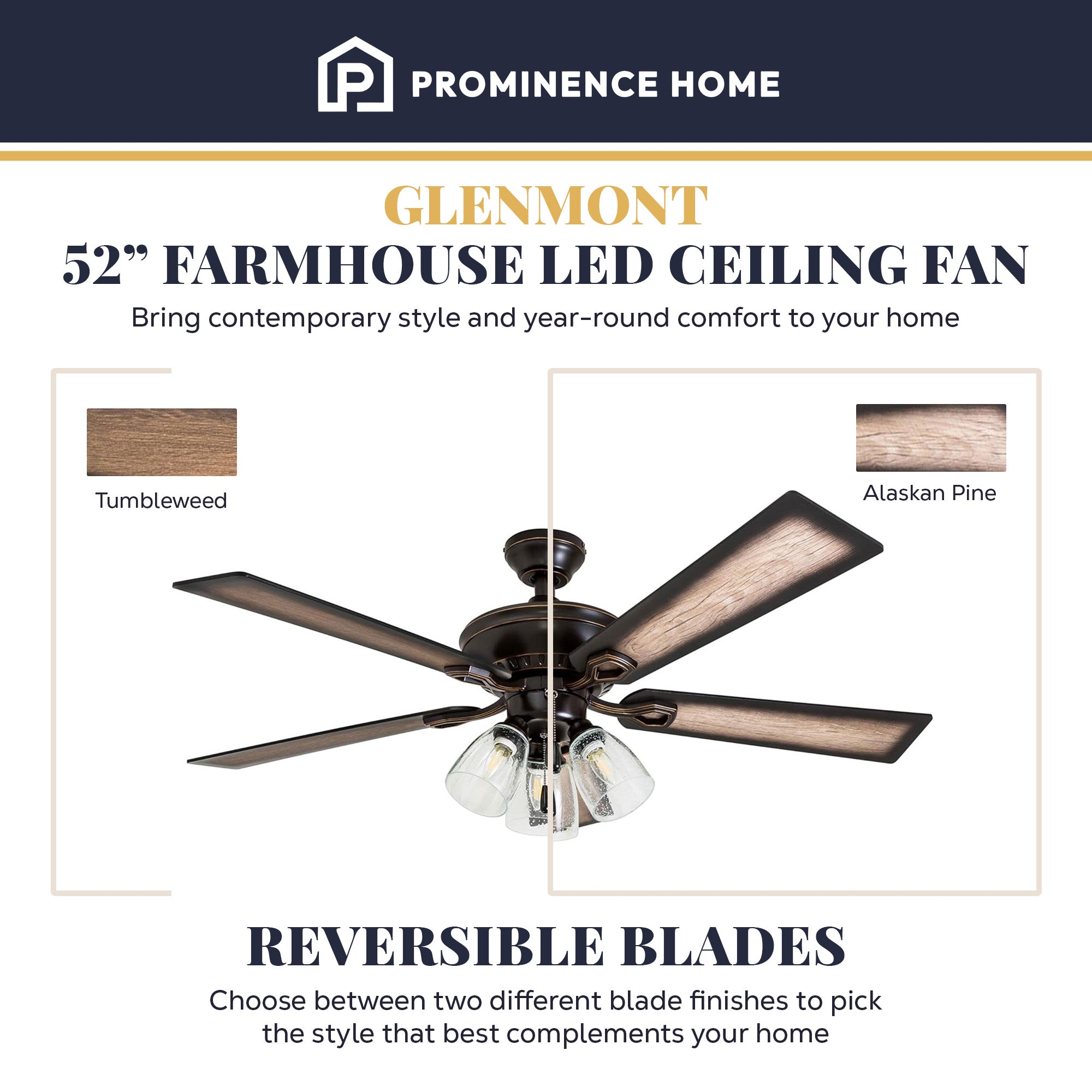 Prominence Home Glenmont, 52 Inch Farmhouse LED Ceiling Fan with Light, Bronze