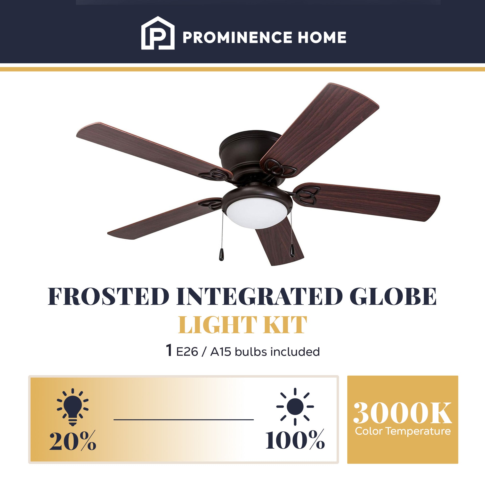 Prominence Home Benton 52 Inch Indoor LED Ceiling Fan with Pull Chain, Bronze