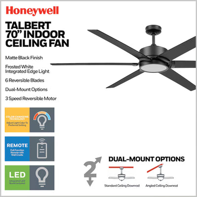 Honeywell Talbert Ceiling Fan, Color Changing LED and Remote, 70", Matte Black - VMInnovations