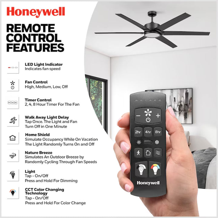 Honeywell Talbert Ceiling Fan, Color Changing LED and Remote, 70", Matte Black