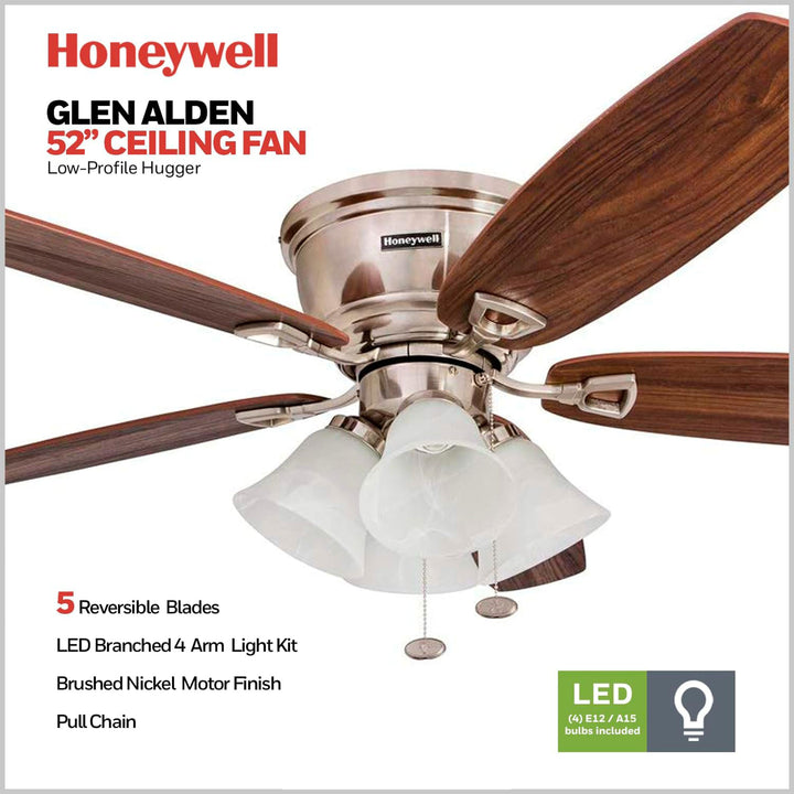 Honeywell Glen Alden 52 Inch Indoor Ceiling Fan with 4 Lights, Brushed Nickel