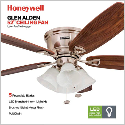 Honeywell Glen Alden 52 Inch Indoor Ceiling Fan with 4 Lights, (Open Box)