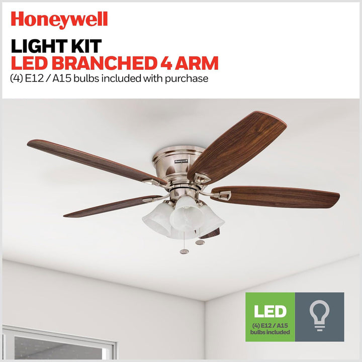 Honeywell Glen Alden 52 Inch Indoor Ceiling Fan with 4 Lights, Brushed Nickel