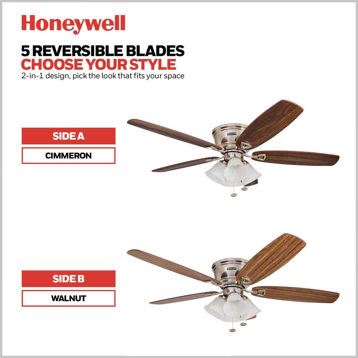 Honeywell Glen Alden 52 Inch Indoor Ceiling Fan with 4 Lights, Brushed Nickel