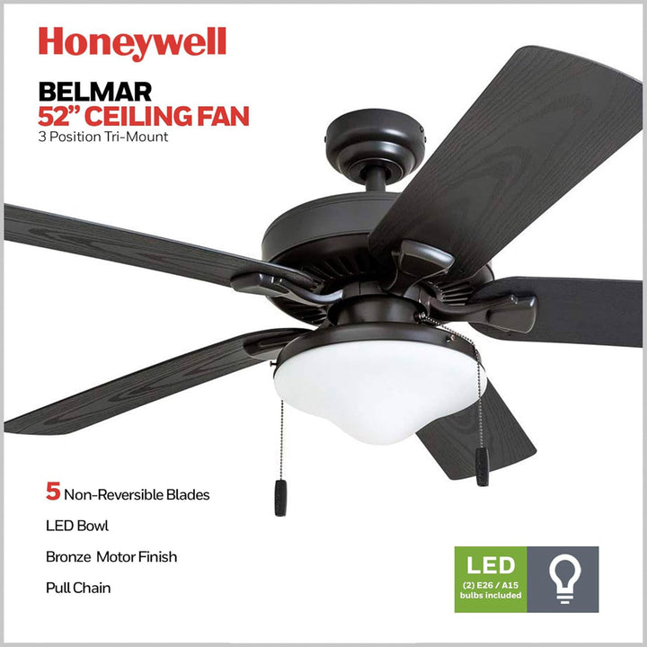 Honeywell Belmar 52 Inch Indoor Outdoor Ceiling Fan with Pull Chain, Bronze