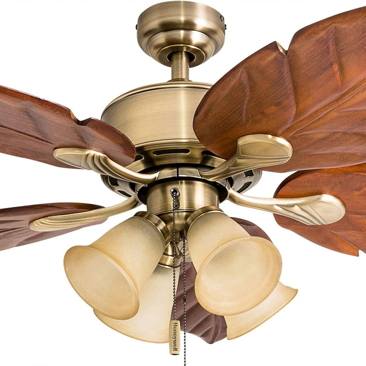 Honeywell Royal Palm 52" Tropical LED Ceiling Fan with Pull Chain, Aged Brass