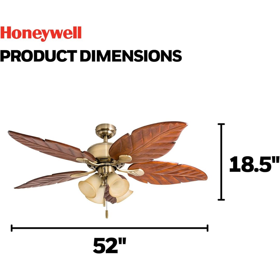 Honeywell Royal Palm 52" Tropical LED Ceiling Fan with Pull Chain, Aged Brass