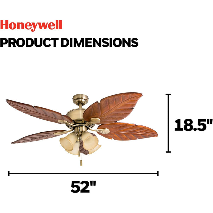 Honeywell Royal Palm 52" Tropical LED Ceiling Fan with Pull Chain, Aged Brass
