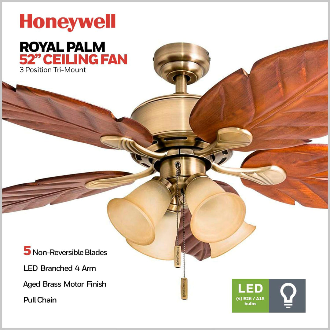 Honeywell Royal Palm 52" Tropical LED Ceiling Fan with Pull Chain, Aged Brass