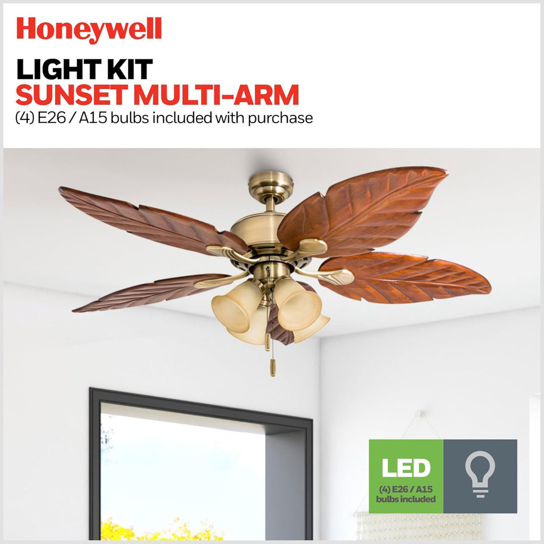 Honeywell Royal Palm 52" Tropical LED Ceiling Fan with Pull Chain, Aged Brass