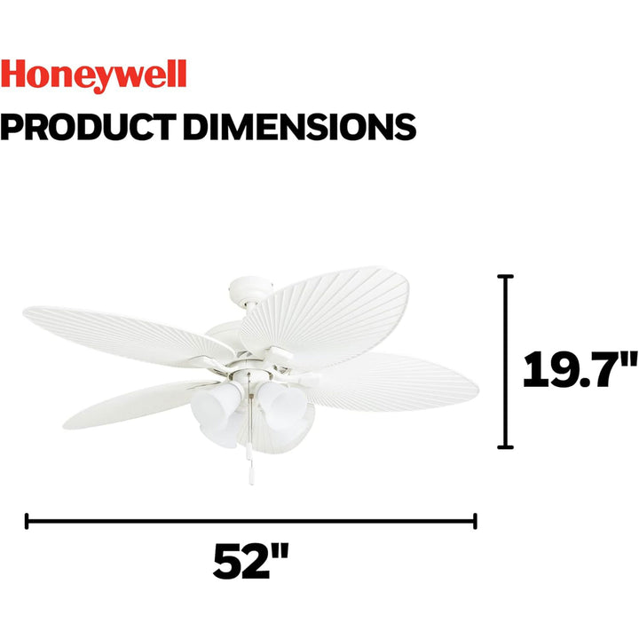 Honeywell Palm Lake 52" Indoor Outdoor Ceiling Fan w/ Light & Pull Chain, White