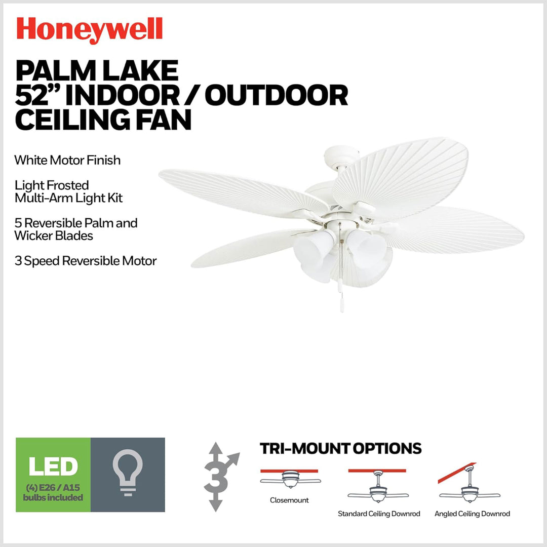 Honeywell Palm Lake 52" Indoor Outdoor Ceiling Fan w/ Light & Pull Chain, White