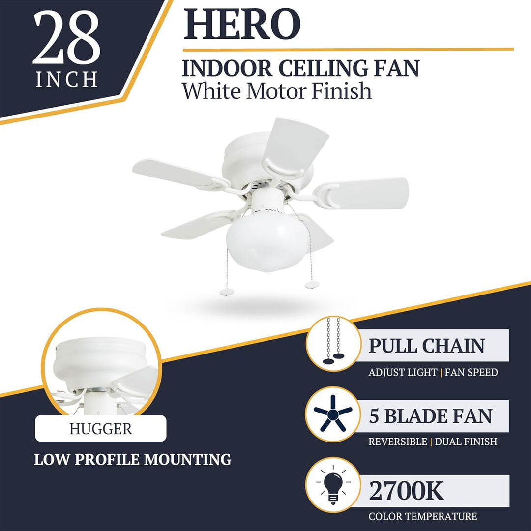 Prominence Home Hero, 28” Flush Mount Indoor LED Ceiling Fan with Light, White