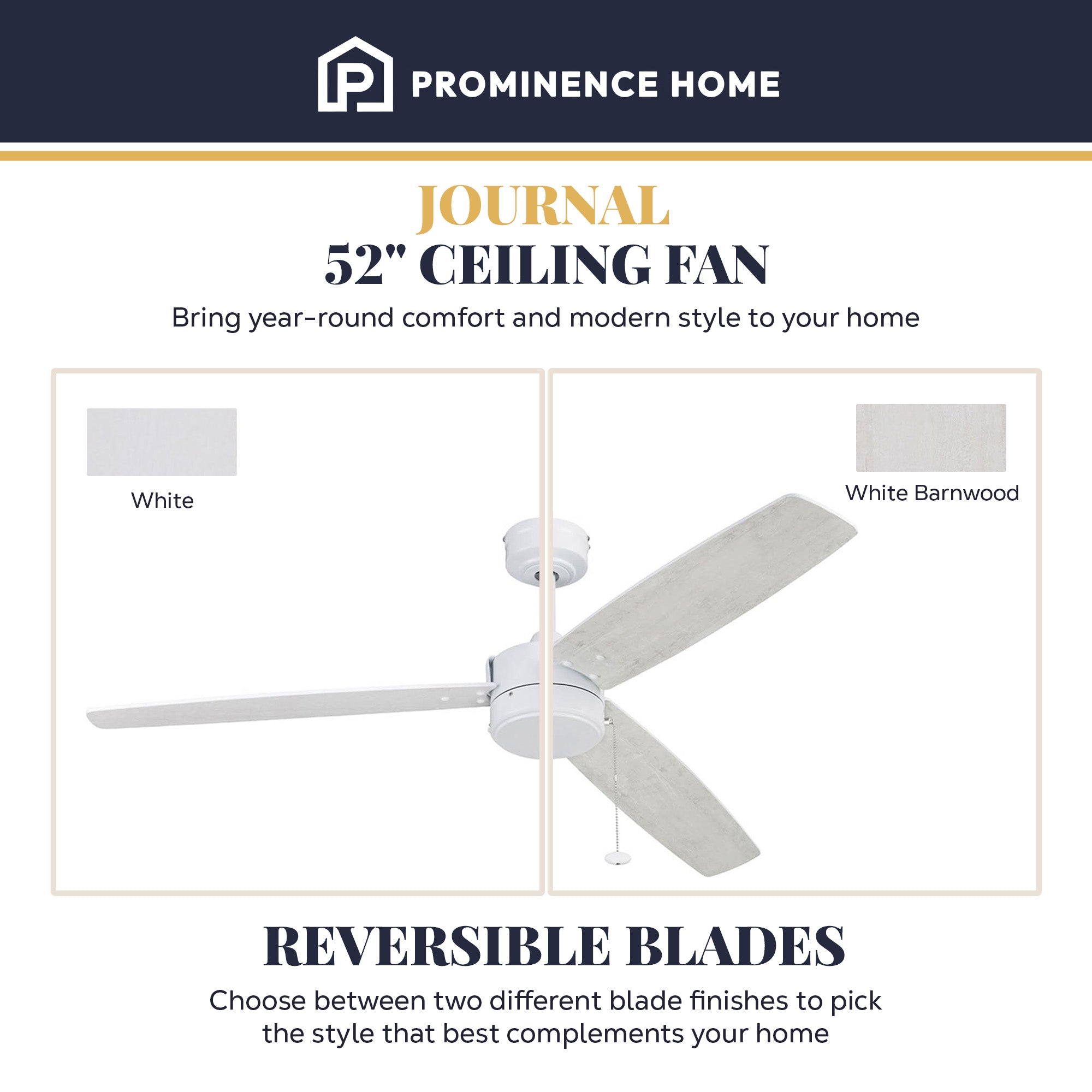 Prominence Home Journal 52" Ceiling Fan, No Light, Pull Chain Control, White - VMInnovations