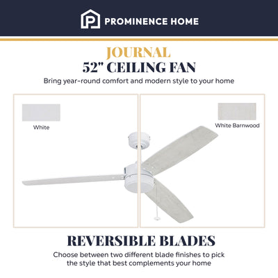 Prominence Home Journal 52" Ceiling Fan, No Light, Pull Chain Control, White - VMInnovations