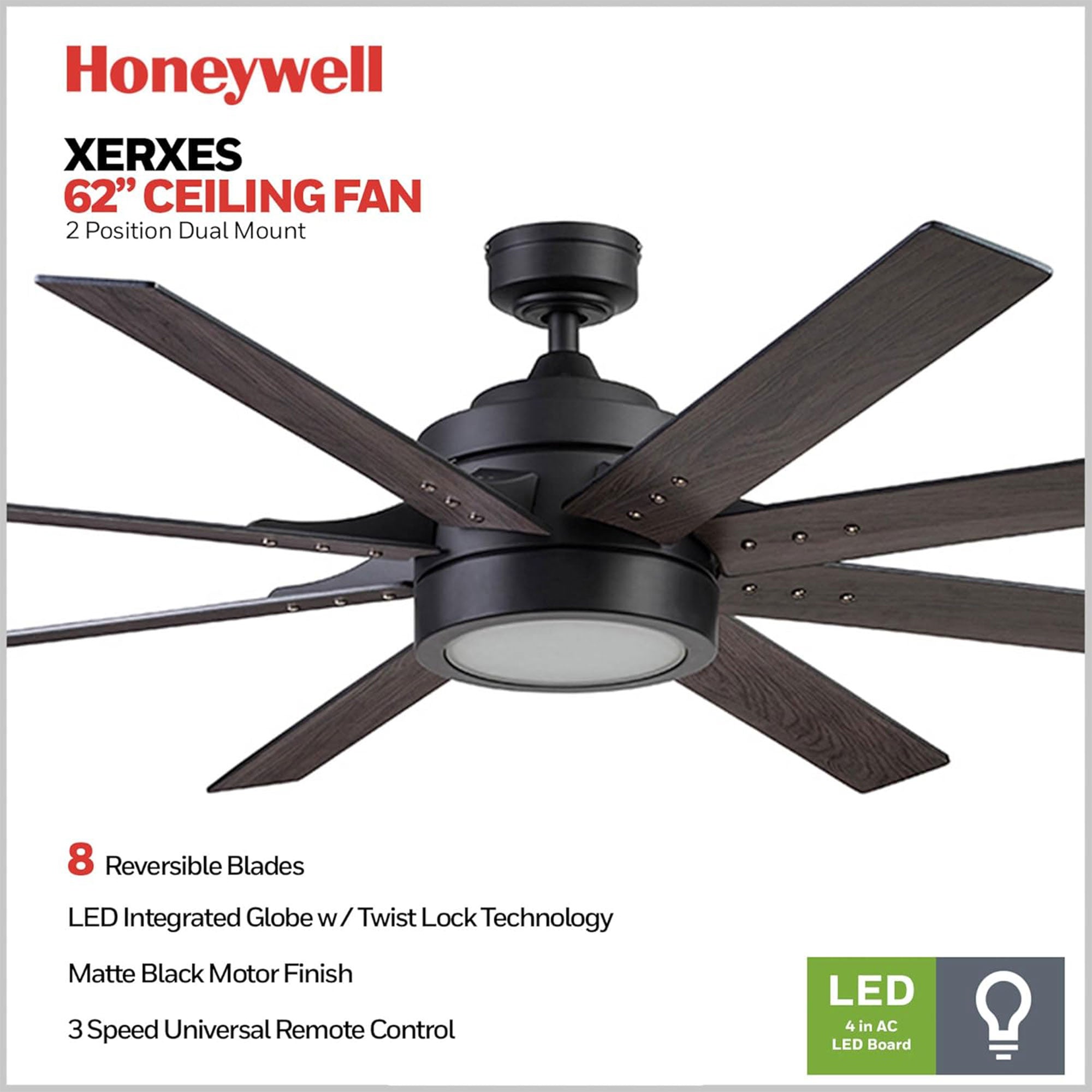Honeywell Xerxes Ceiling Fan, Quiet Motor and Remote Control, 62", Matte Black - VMInnovations