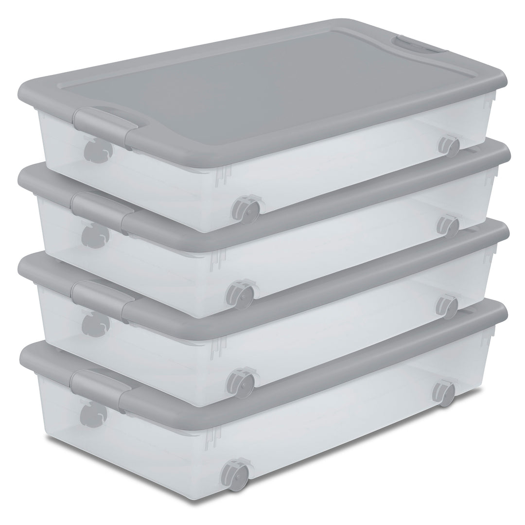 Sterilite 56 Qt Wheeled Under Bed Storage Container, Plastic Bin, Silver, 4 Pack