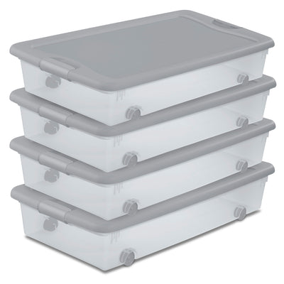 Sterilite 56 Qt Wheeled Under Bed Storage Container, Plastic Bin, Silver, 4 Pack - VMInnovations