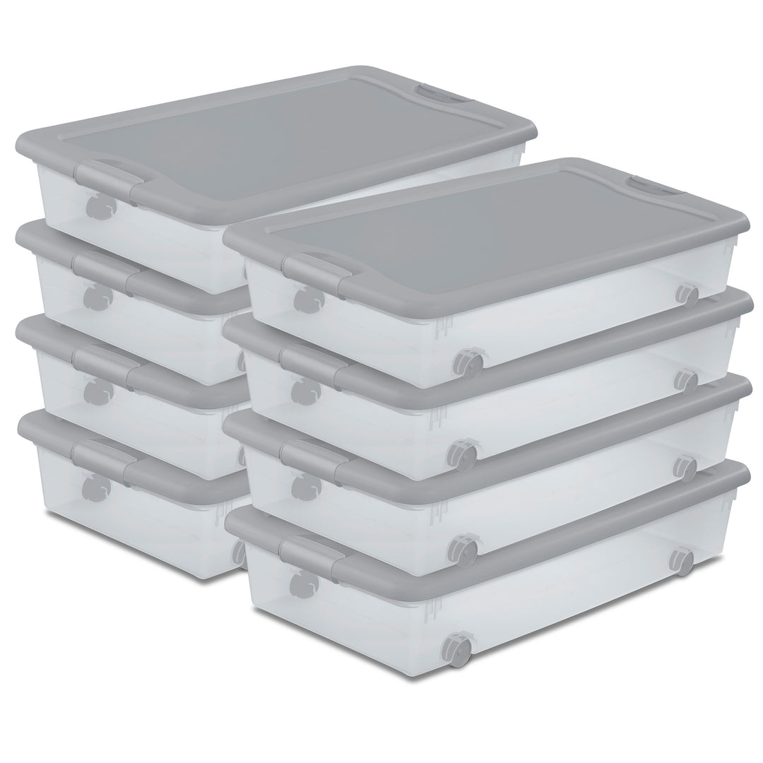 Sterilite 56 Qt Wheeled Under Bed Storage Container, Plastic Bin, Silver, 8 Pack
