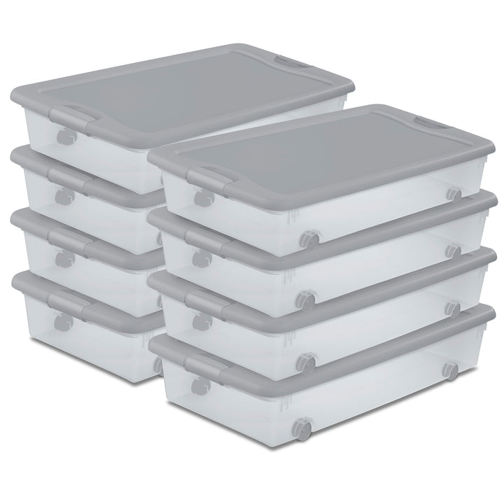 Sterilite 56 Qt Wheeled Under Bed Storage Container, Plastic Bin, Silver, 8 Pack