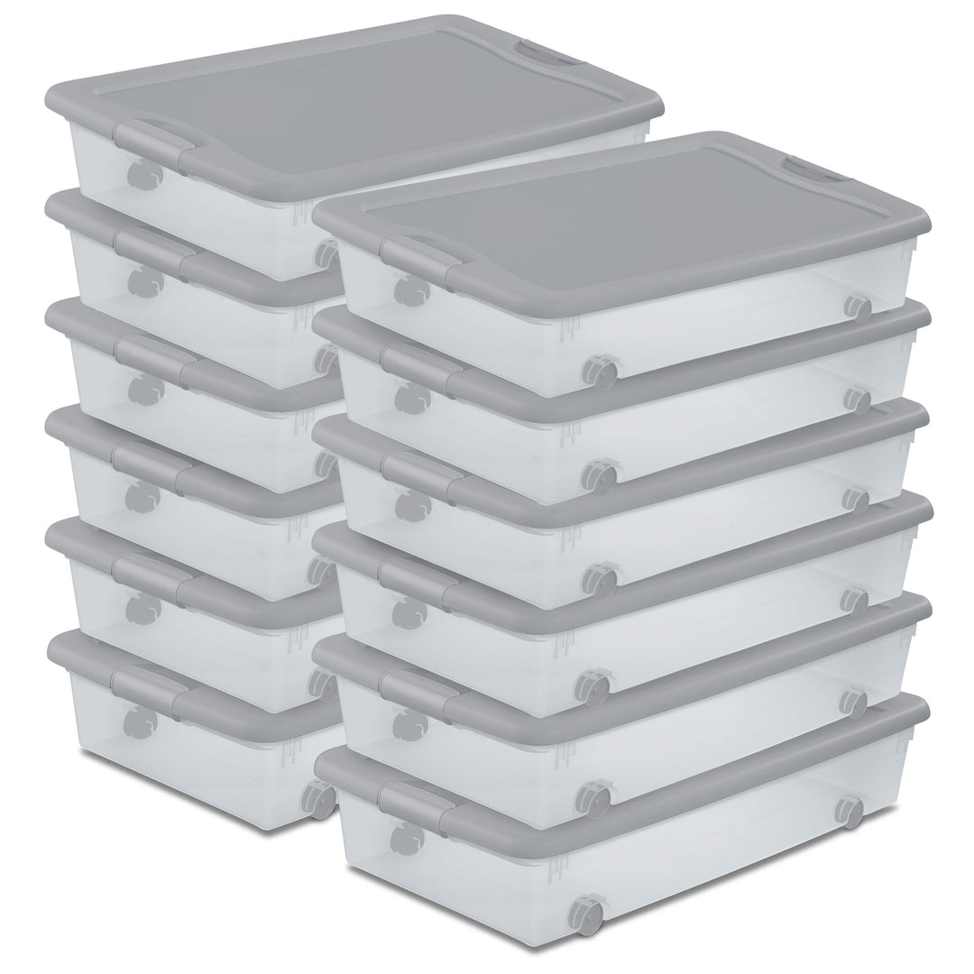 Sterilite 56Qt Wheeled Under Bed Storage Container, Plastic Bin, Silver, 12 Pack