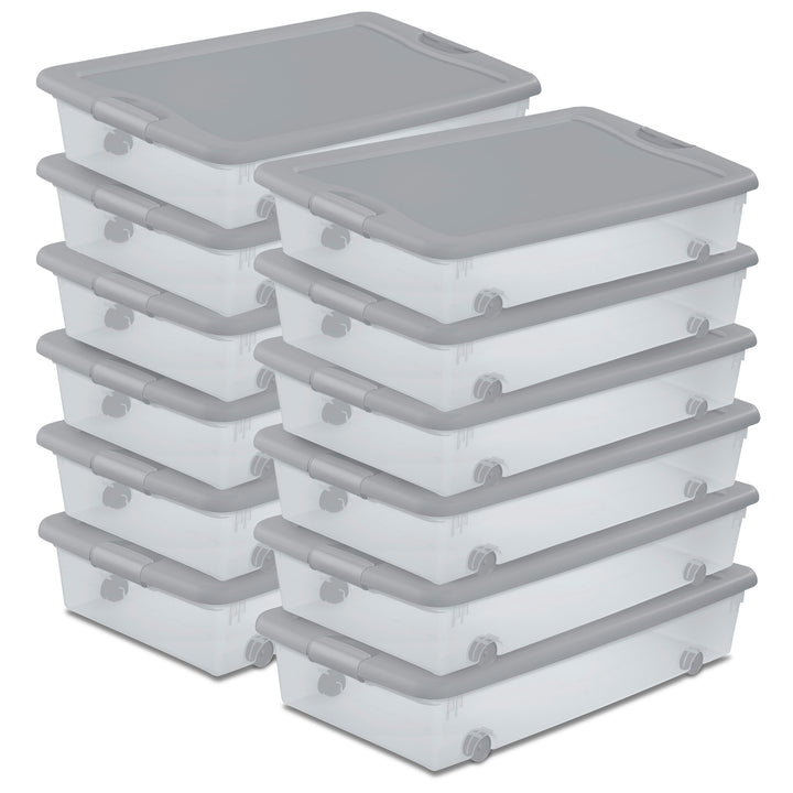 Sterilite 56Qt Wheeled Under Bed Storage Container, Plastic Bin, Silver, 12 Pack