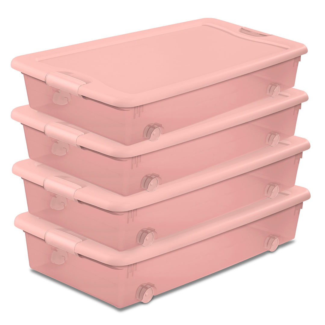 Sterilite 56 Qt Wheeled Under Bed Storage Container Plastic Bin, Blush, 4 Pack