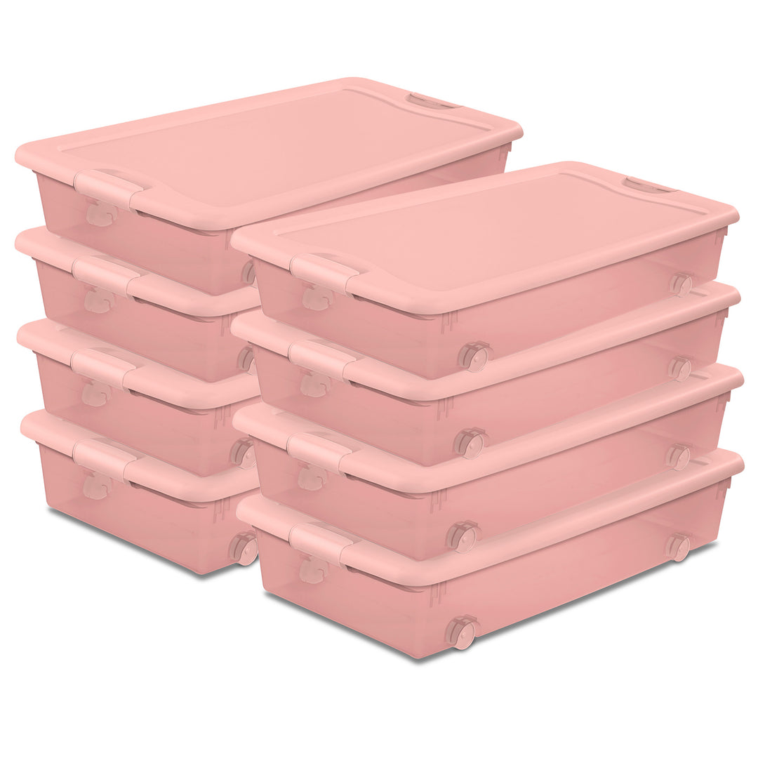 Sterilite 56 Qt Wheeled Under Bed Storage Container Plastic Bin, Blush, 8 Pack