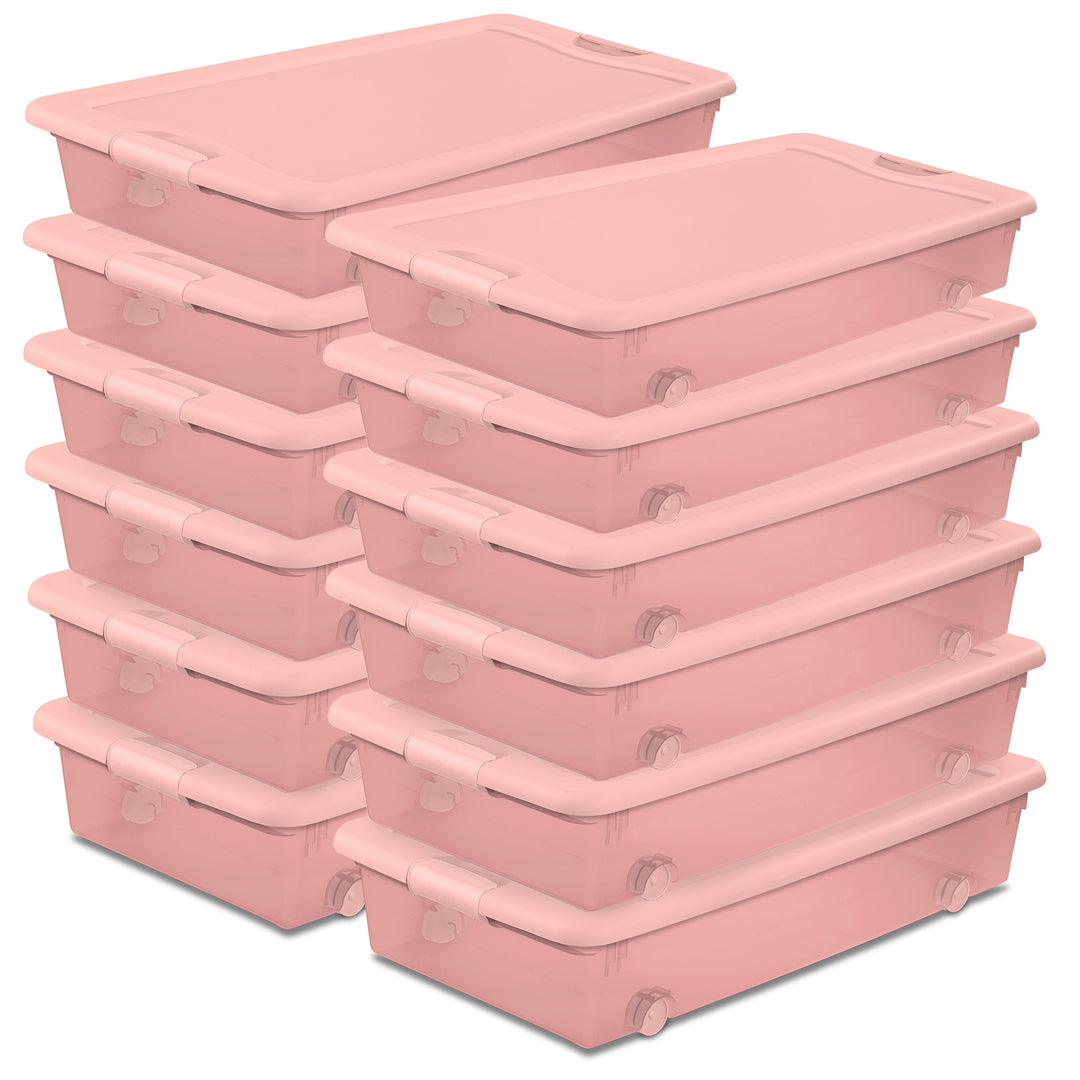 Sterilite 56 Qt Wheeled Under Bed Storage Container Plastic Bin, Blush, 12 Pack