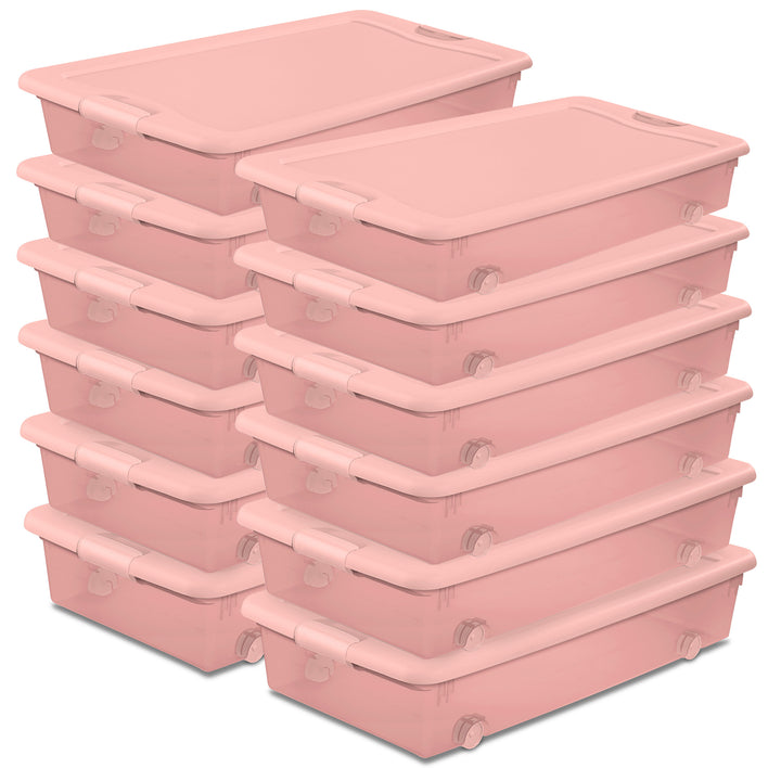Sterilite 56 Qt Wheeled Under Bed Storage Container Plastic Bin, Blush, 12 Pack