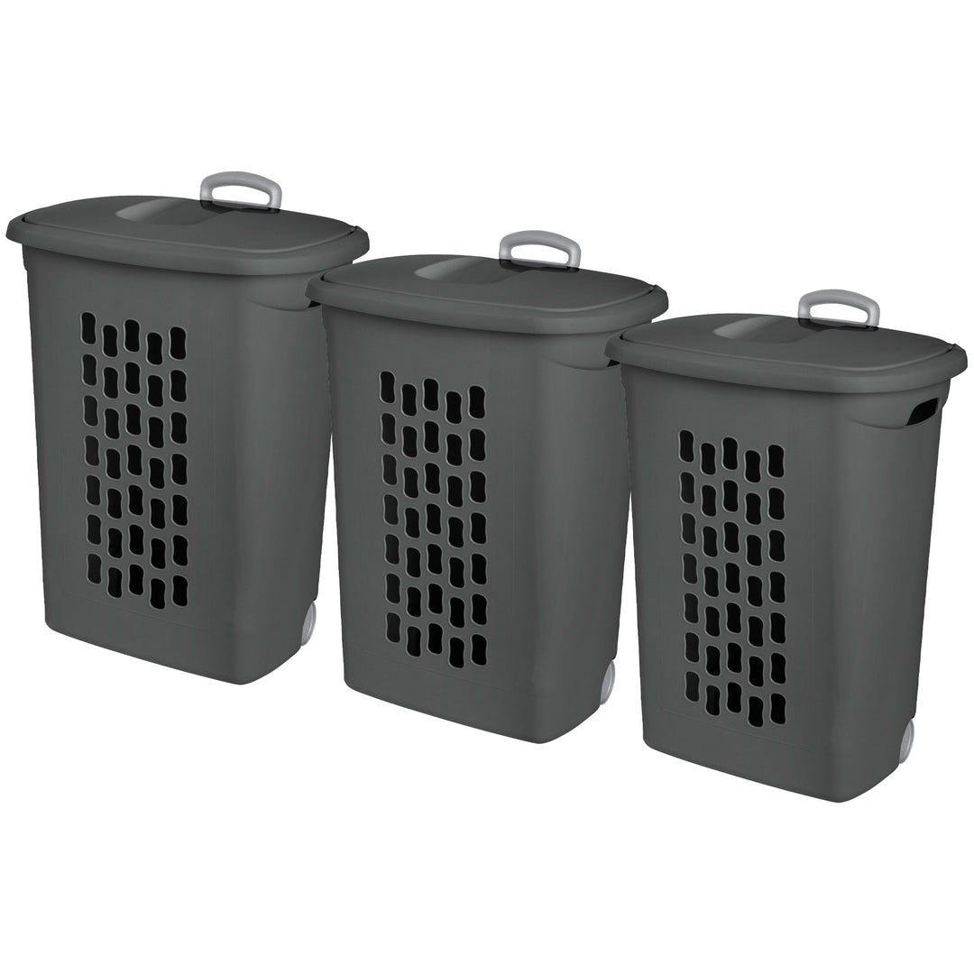 Sterilite Ultra Wheeled Hamper, Laundry Basket w/Lid & Handle, Flat Grey, 3 Pack