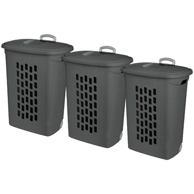 Sterilite Ultra Wheeled Hamper, Laundry Basket w/Lid & Handle, Flat Grey, 3 Pack - VMInnovations