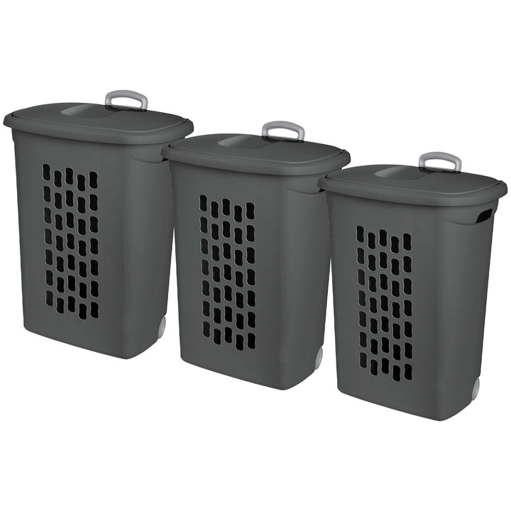 Sterilite Ultra Wheeled Hamper, Laundry Basket w/Lid & Handle, Flat Grey, 3 Pack