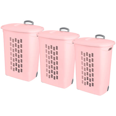 Sterilite Ultra Wheeled Hamper, Laundry Basket w/Lid & Handle,Pink Frost, 3 Pack - VMInnovations
