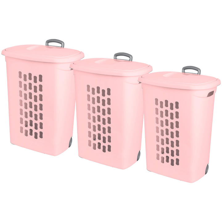 Sterilite Ultra Wheeled Hamper, Laundry Basket w/Lid & Handle,Pink Frost, 3 Pack