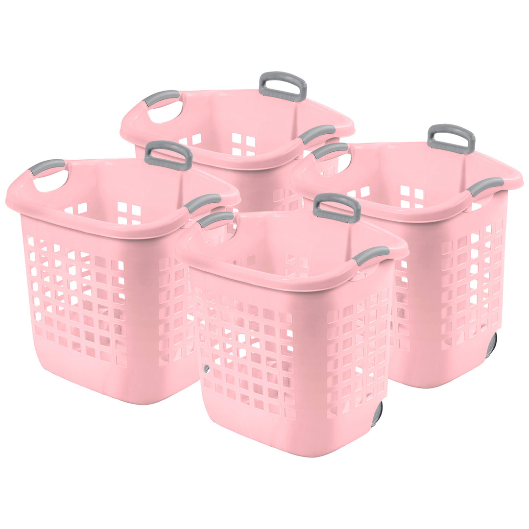 Sterilite Ultra Wheeled Laundry Basket, 1.7 Bushel with Handles, Pink, 4 Pack