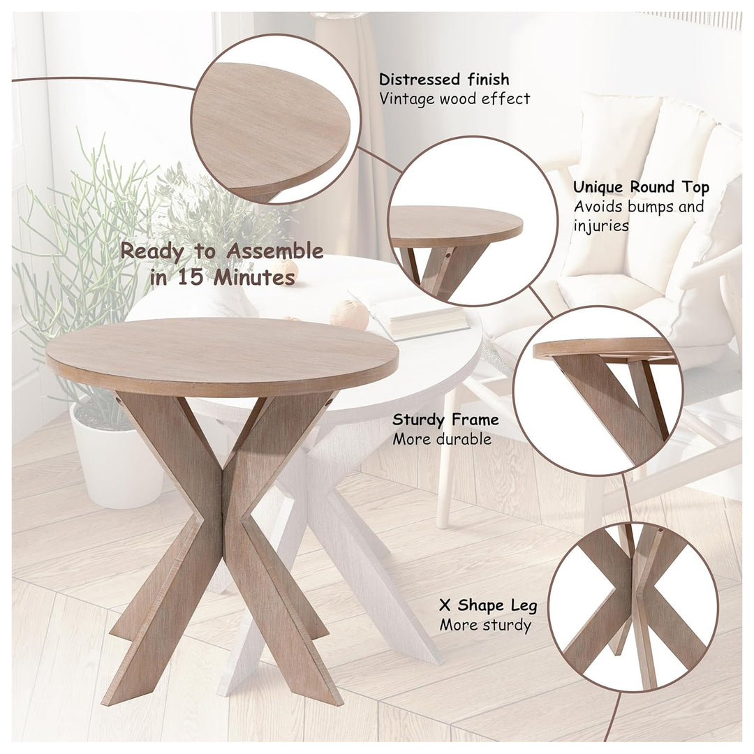 COZAYH Farmhouse Round End Table, Rustic Cross-Leg Design, Grey, Set of 2