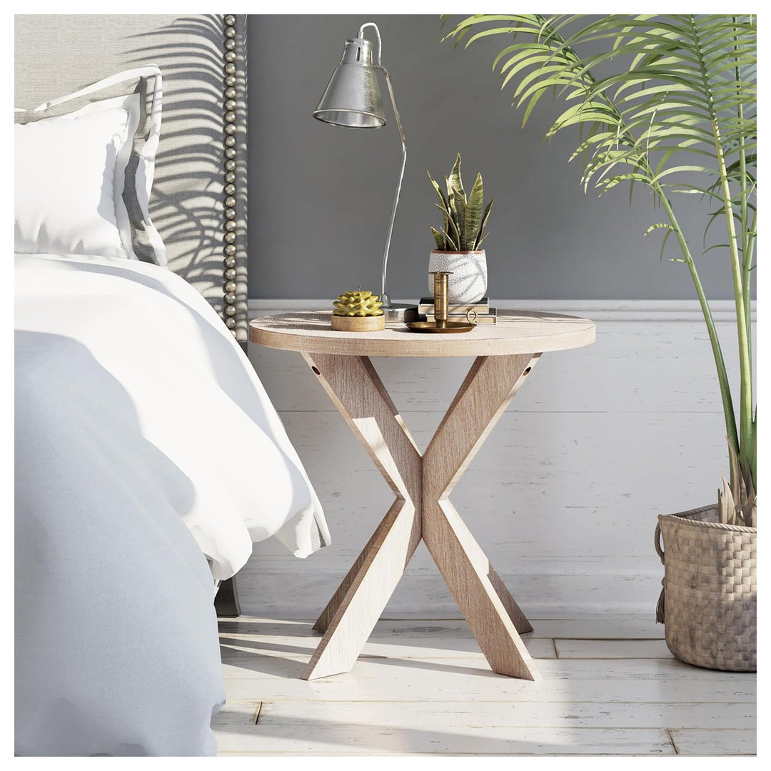 COZAYH Farmhouse Round End Table, Rustic Cross-Leg Design, Grey, Set of 2