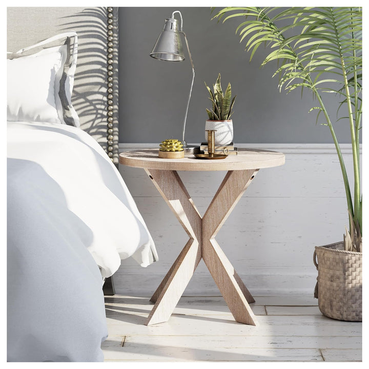 COZAYH Farmhouse Round End Table, Rustic Cross-Leg Design, Grey, Set of 2