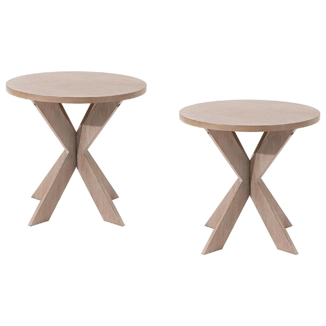 COZAYH Farmhouse Round End Table, Rustic Cross-Leg Design, Grey, Set of 2