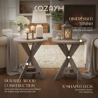 COZAYH Farmhouse Round Wooden End Table with Cross Legs, Vintage Grey, Set of 2 - VMInnovations
