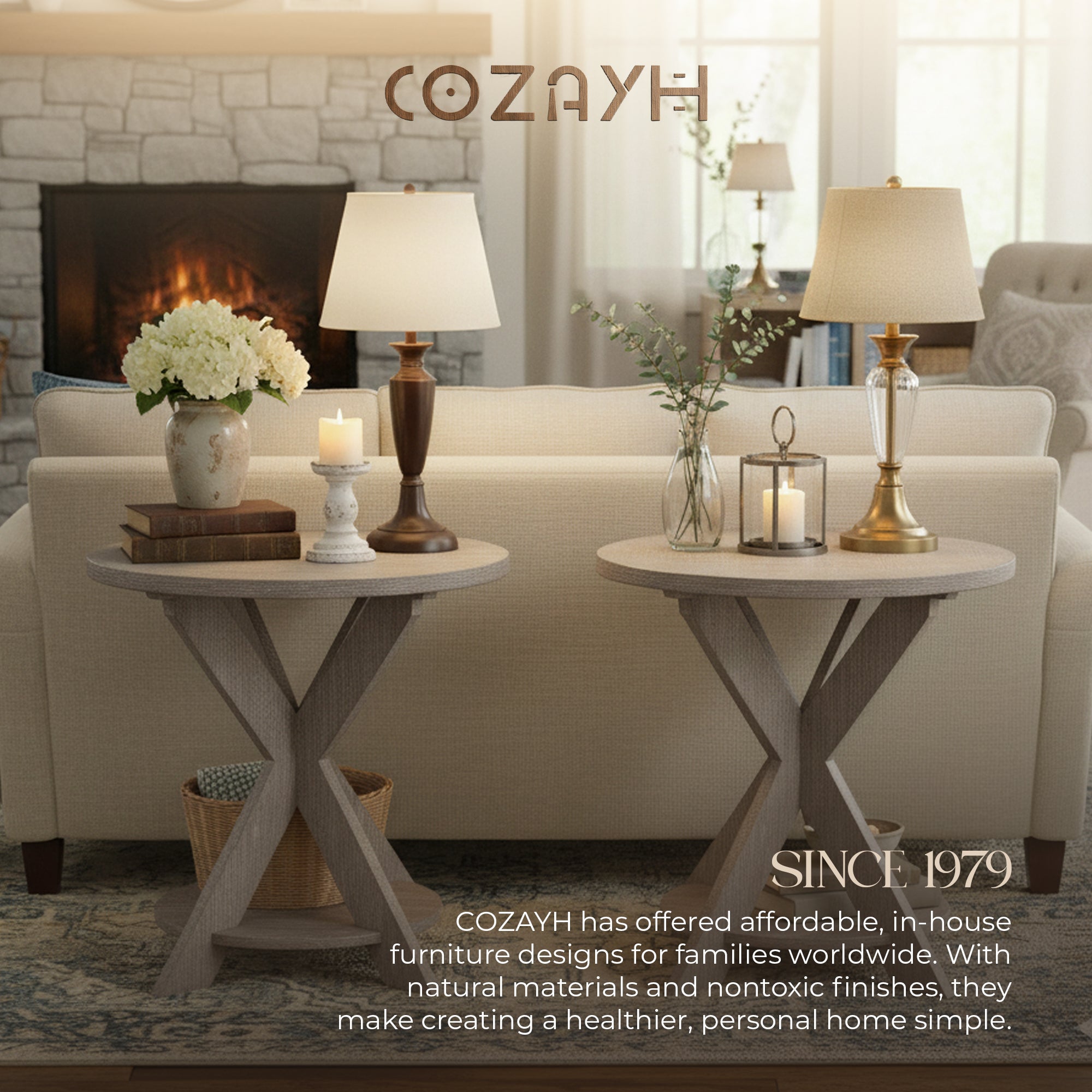 COZAYH Farmhouse Round Wooden End Table with Cross Legs, Vintage Grey, Set of 2 - VMInnovations