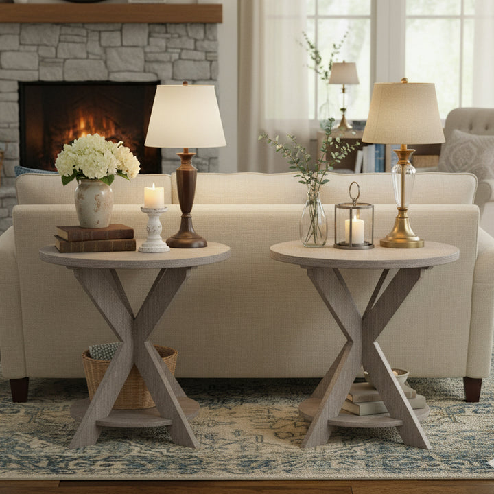 COZAYH Farmhouse Round End Table, Rustic Cross-Leg Design, Grey, Set of 2